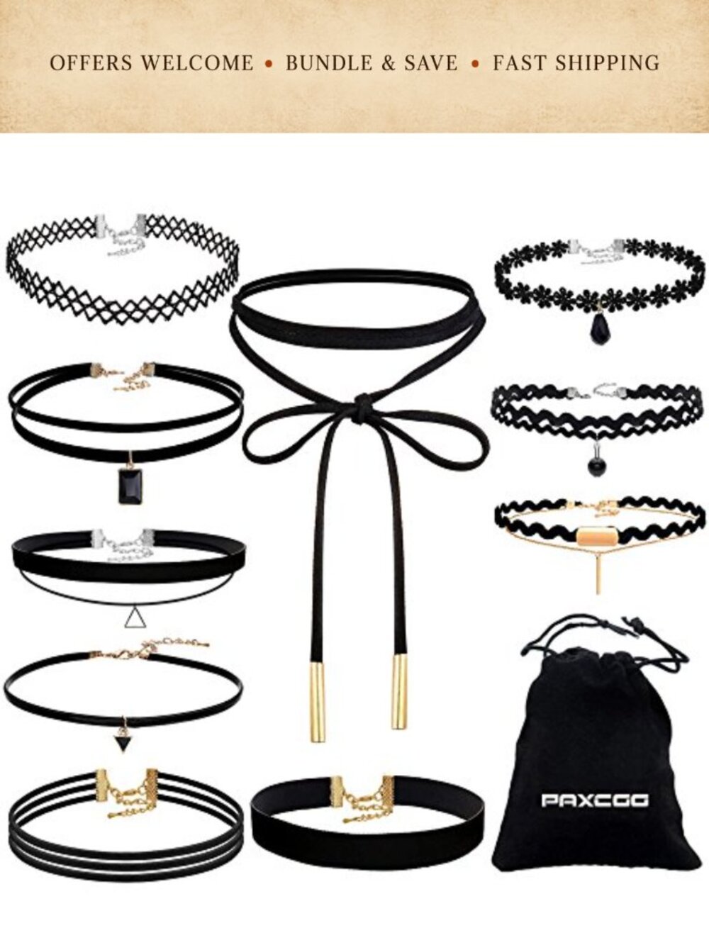 10pc Black Choker Necklace Set for Women Adjustable Lobster Clasp